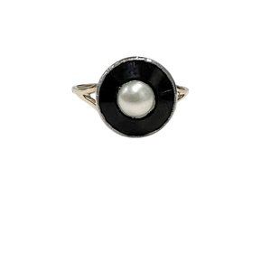 Vintage Pearl & Onyx Solitaire Ring 14k Yellow Gold Platinum Estate Size 7